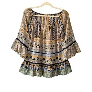 Democracy semi sheer bohemian‎ Aztec bell sleeve blouse. Size M